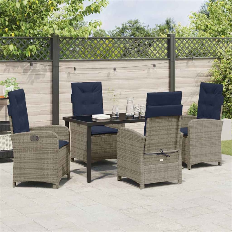 vidaXL 5 Piece Poly Rattan Garden Dining Set with Cushions in Grey