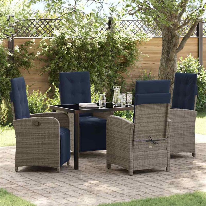 vidaXL 5 Piece Poly Rattan Garden Dining Set with Cushions in Grey