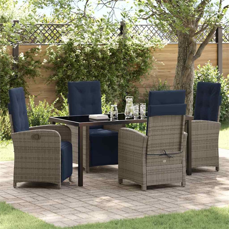 vidaXL 5 Piece Poly Rattan Garden Dining Set with Cushions in Grey