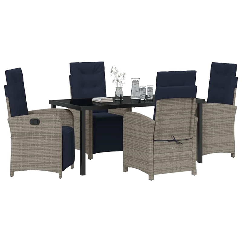 vidaXL 5 Piece Poly Rattan Garden Dining Set with Cushions in Grey