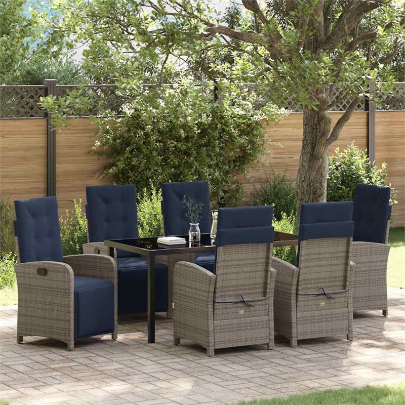 vidaXL 7 Piece Poly Rattan Garden Dining Set with Cushions in Grey
