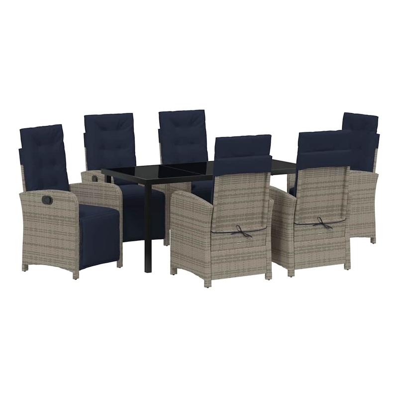 vidaXL 7 Piece Poly Rattan Garden Dining Set with Cushions in Grey