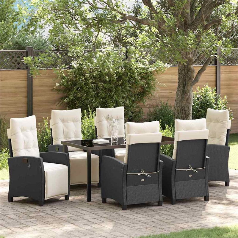 vidaXL 7 Piece Poly Rattan Garden Dining Set with Cushions in Black