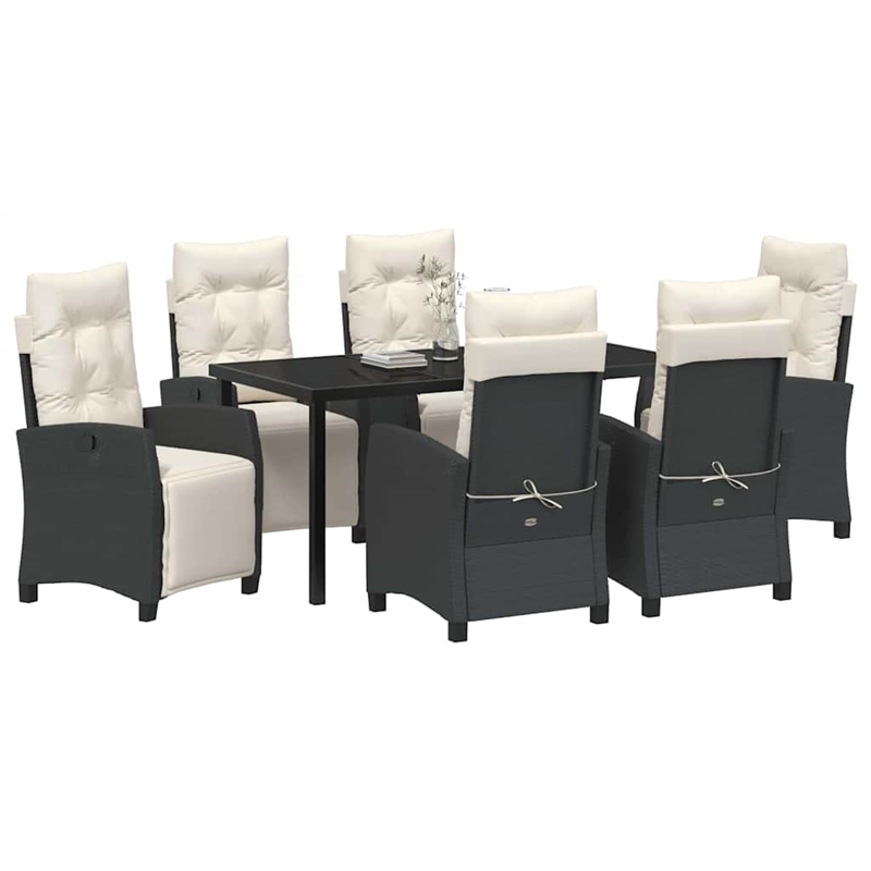 vidaXL 7 Piece Poly Rattan Garden Dining Set with Cushions in Black