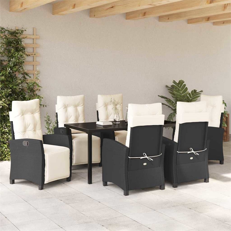 vidaXL 7 Piece Poly Rattan Garden Dining Set with Cushions in Black