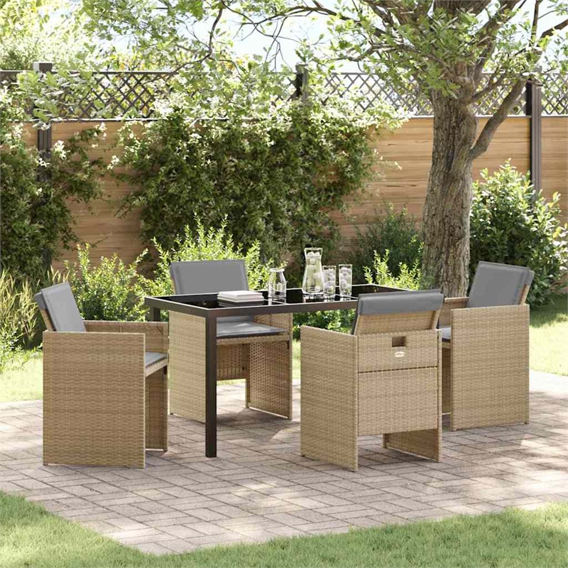 vidaXL 5 Piece Poly Rattan Garden Dining Set with Cushions in Beige