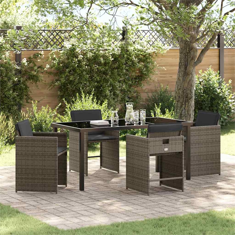 vidaXL 5 Piece Poly Rattan Garden Dining Set with Cushions in Grey