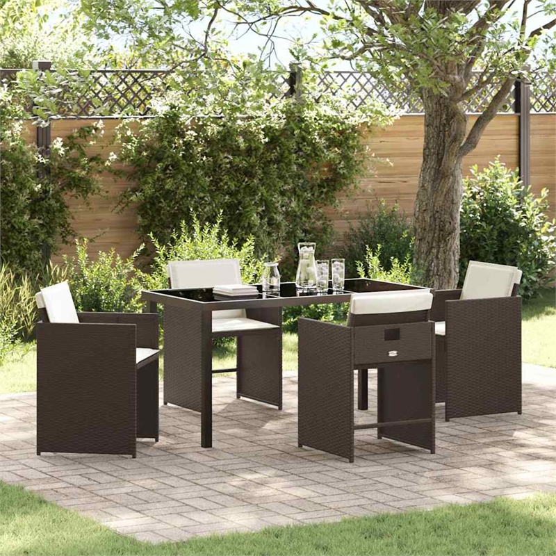 vidaXL 5 Piece Poly Rattan Garden Dining Set with Cushions in Brown