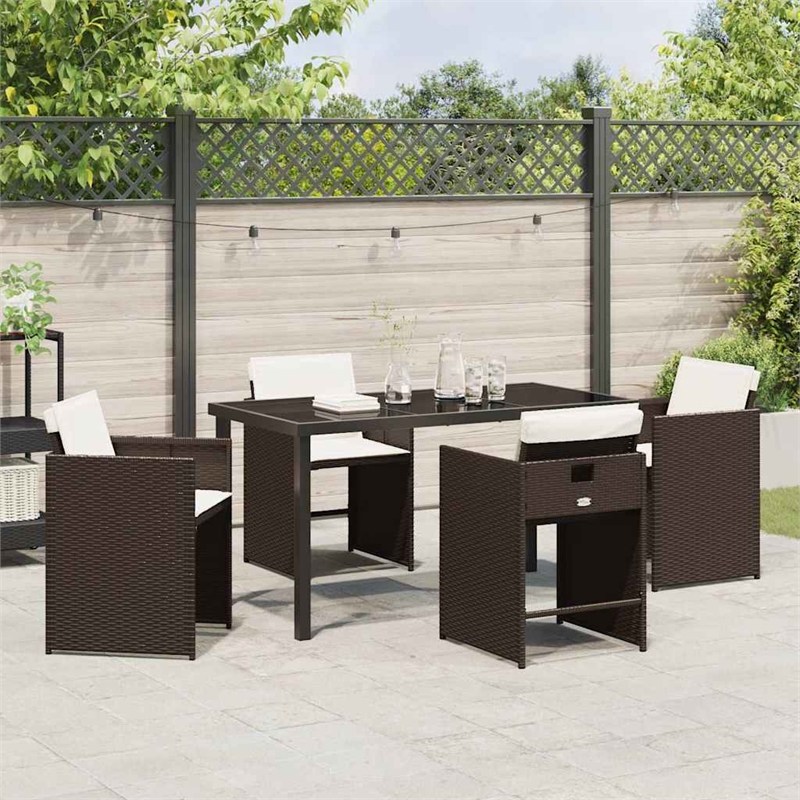 vidaXL 5 Piece Poly Rattan Garden Dining Set with Cushions in Brown