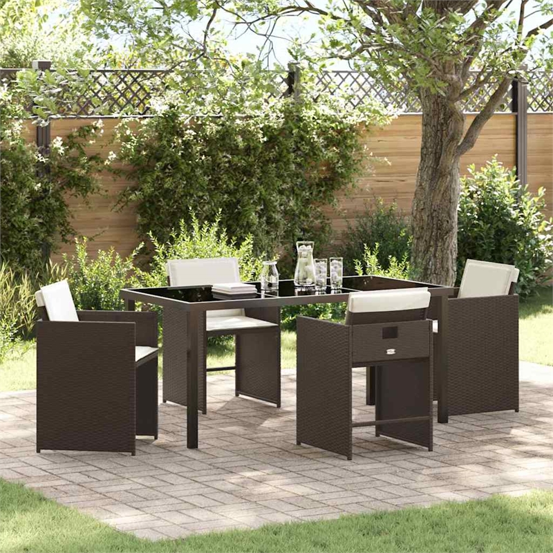 vidaXL 5 Piece Poly Rattan Garden Dining Set with Cushions in Brown