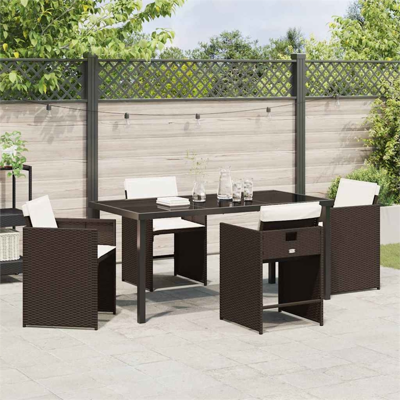 vidaXL 5 Piece Poly Rattan Garden Dining Set with Cushions in Brown