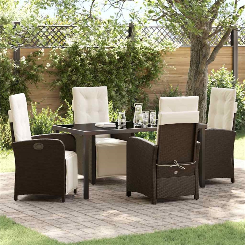 vidaXL 5 Piece Poly Rattan Garden Dining Set with Cushions in Brown