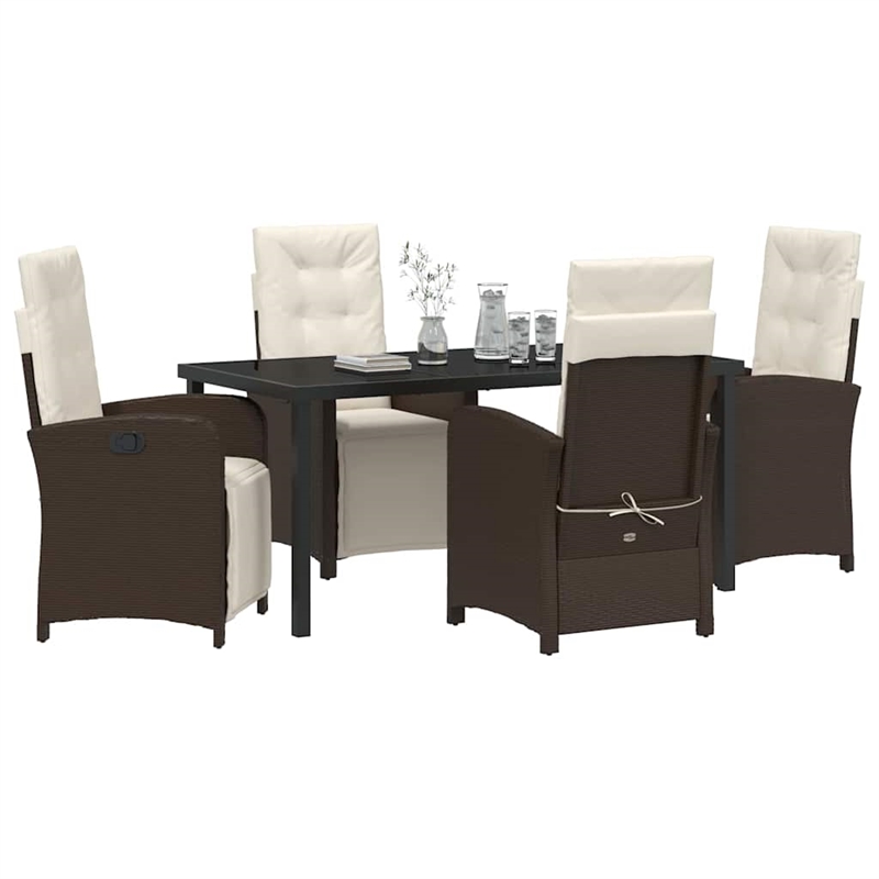 vidaXL 5 Piece Poly Rattan Garden Dining Set with Cushions in Brown