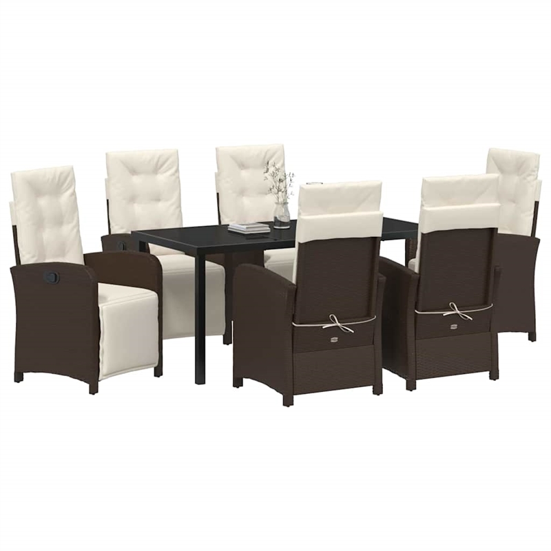vidaXL 7 Piece Poly Rattan Garden Dining Set with Cushions in Brown