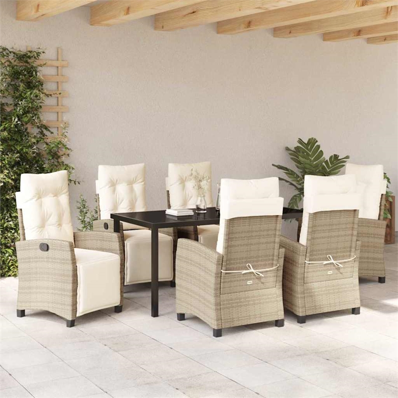 vidaXL 7 Piece Poly Rattan Garden Dining Set with Cushions in Beige