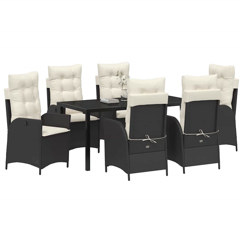 vidaXL 7 Piece Poly Rattan Garden Dining Set with Cushions in Black