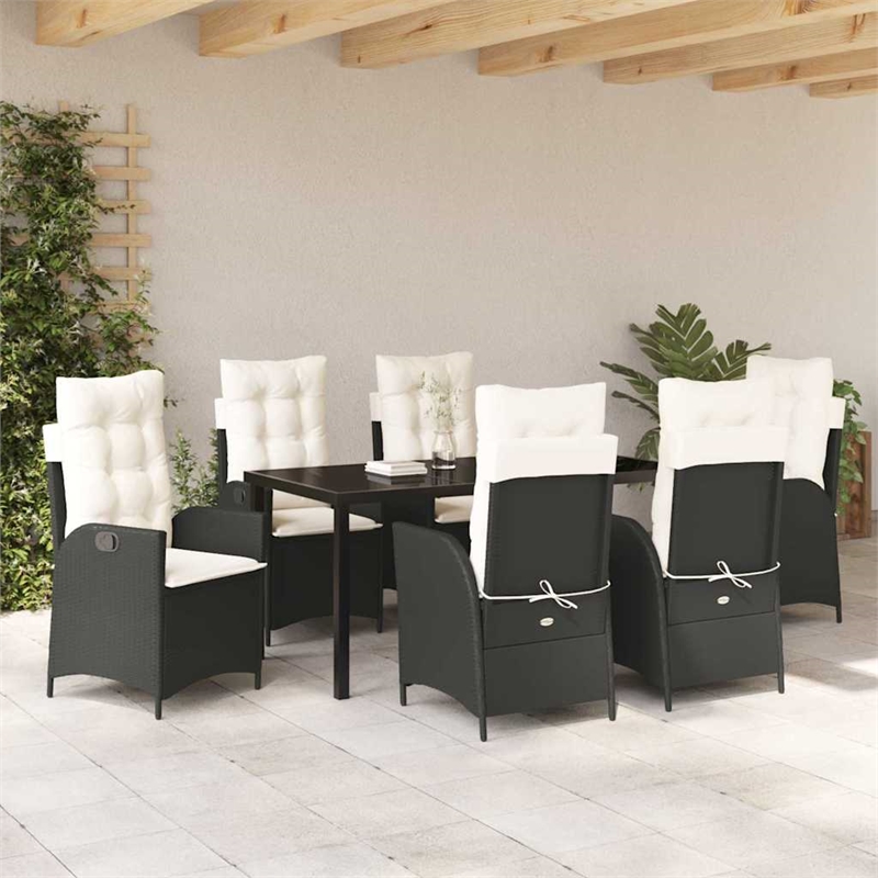 vidaXL 7 Piece Poly Rattan Garden Dining Set with Cushions in Black
