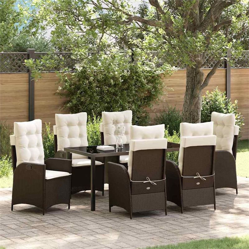 vidaXL 7 Piece Poly Rattan Garden Dining Set with Cushions in Black