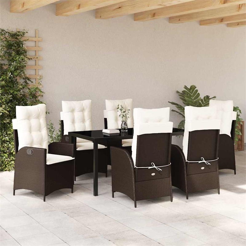vidaXL 7 Piece Poly Rattan Garden Dining Set with Cushions in Black