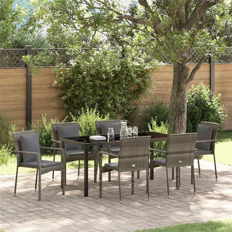 vidaXL 7 Piece Poly Rattan Garden Dining Set with Cushions in Grey