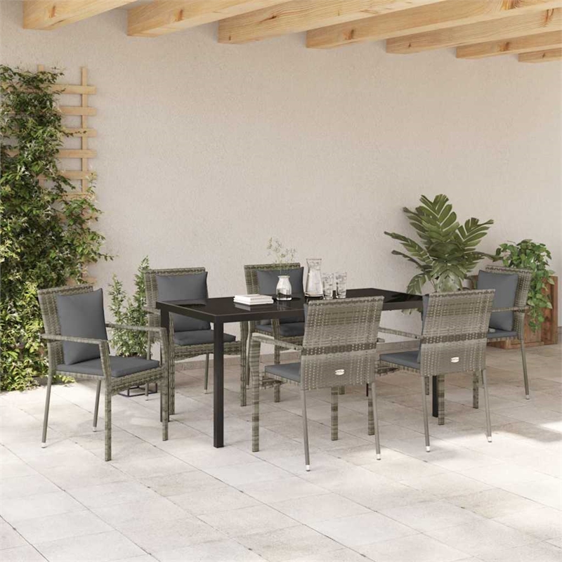 vidaXL 7 Piece Poly Rattan Garden Dining Set with Cushions in Grey