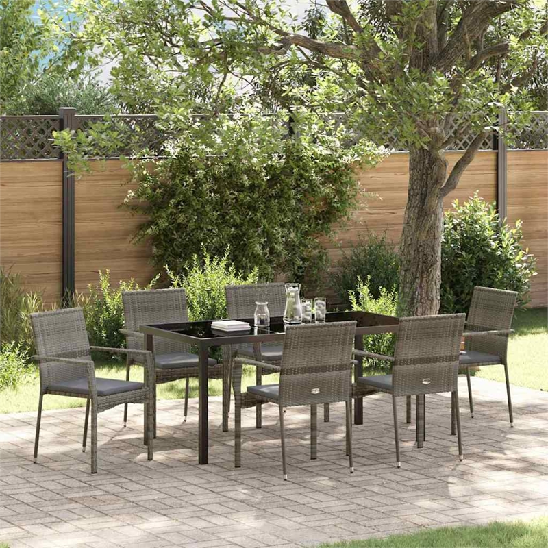 vidaXL 7 Piece Poly Rattan Garden Dining Set with Cushions in Grey
