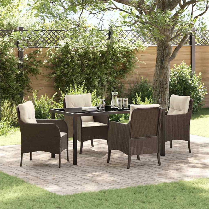 vidaXL 5 Piece Poly Rattan Garden Dining Set with Cushions in Brown