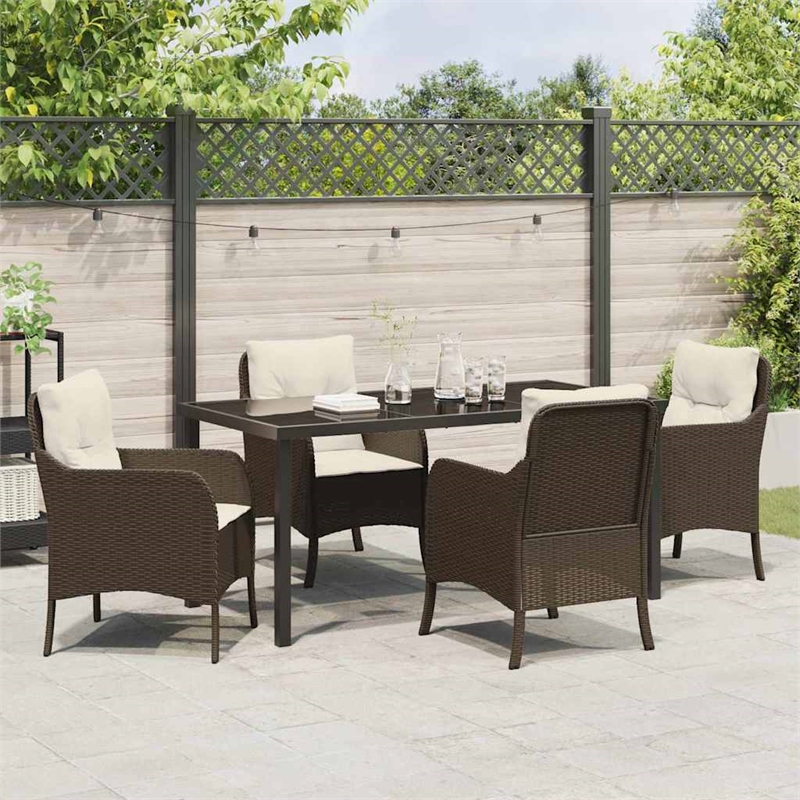 vidaXL 5 Piece Poly Rattan Garden Dining Set with Cushions in Brown