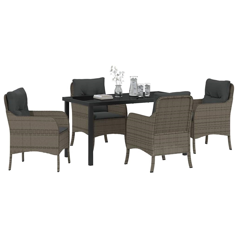 vidaXL 5 Piece Poly Rattan Garden Dining Set with Cushions in Grey