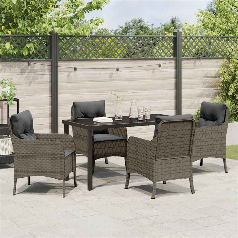 vidaXL 5 Piece Poly Rattan Garden Dining Set with Cushions in Grey