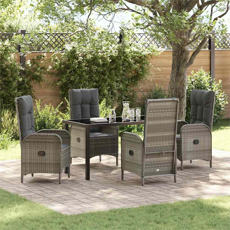 vidaXL 5 Piece Poly Rattan Garden Dining Set with Cushions in Grey
