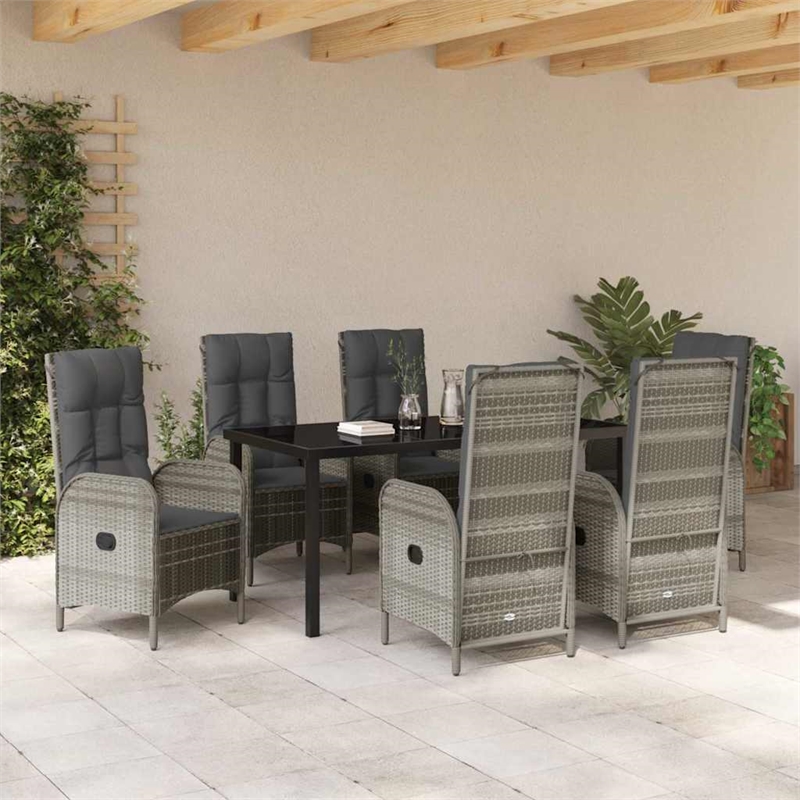 vidaXL 7 Piece Poly Rattan Garden Dining Set with Cushions in Grey