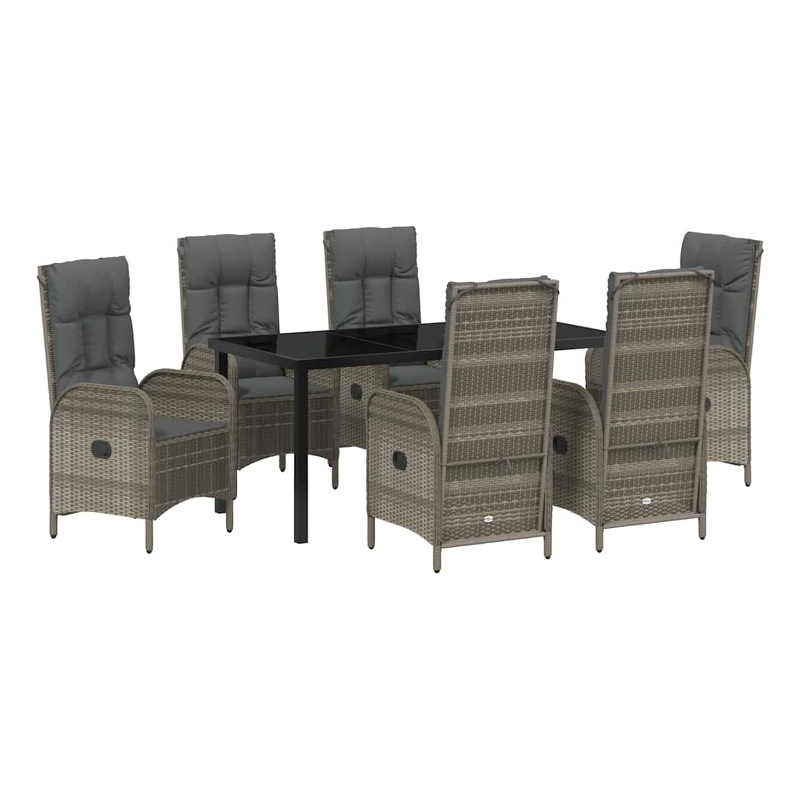 vidaXL 7 Piece Poly Rattan Garden Dining Set with Cushions in Grey