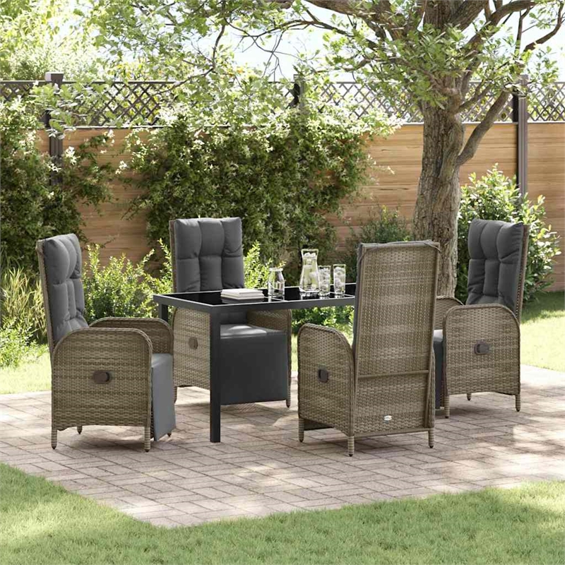 vidaXL 5 Piece Poly Rattan Garden Dining Set with Cushions in Grey
