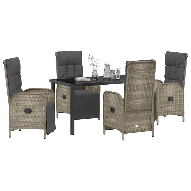 vidaXL 5 Piece Poly Rattan Garden Dining Set with Cushions in Grey