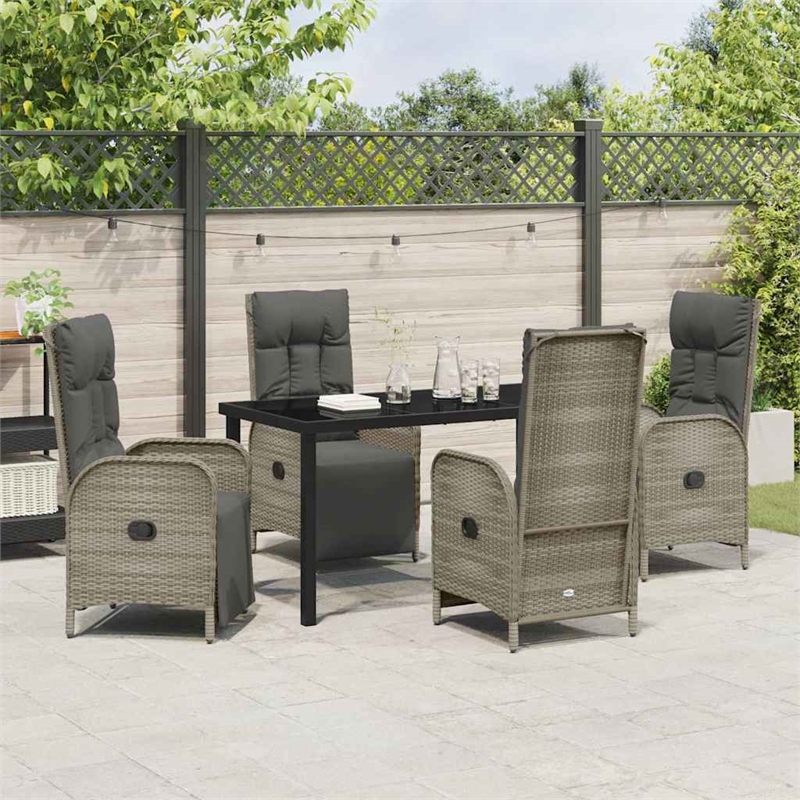 vidaXL 5 Piece Poly Rattan Garden Dining Set with Cushions in Grey