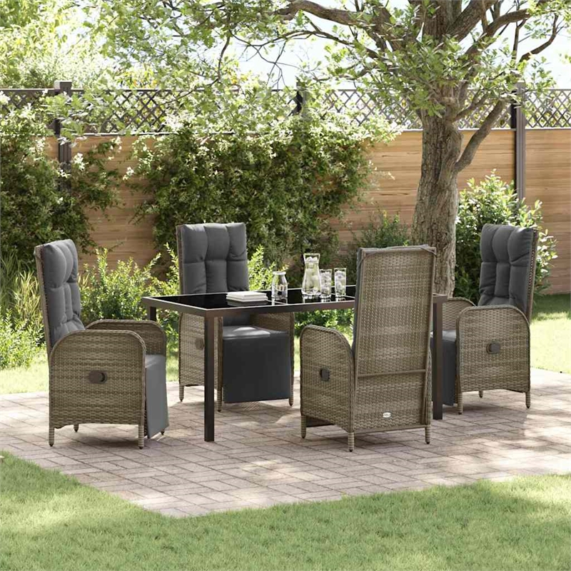 vidaXL 5 Piece Poly Rattan Garden Dining Set with Cushions in Grey