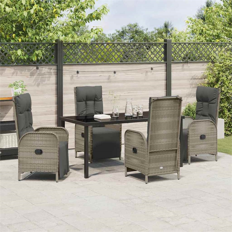 vidaXL 5 Piece Poly Rattan Garden Dining Set with Cushions in Grey