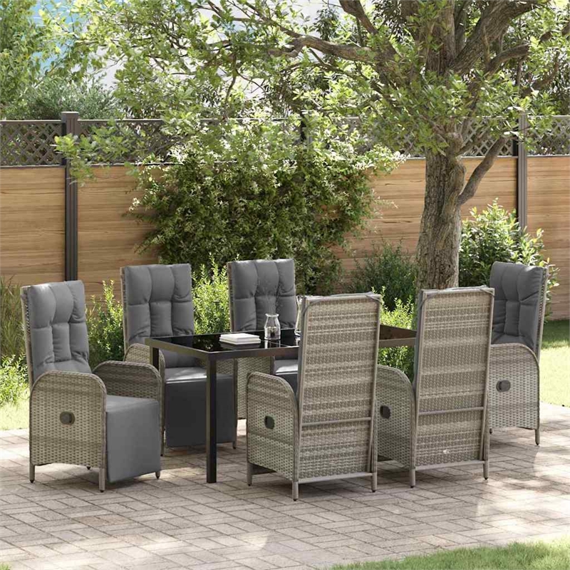 vidaXL 7 Piece Poly Rattan Garden Dining Set with Cushions in Grey