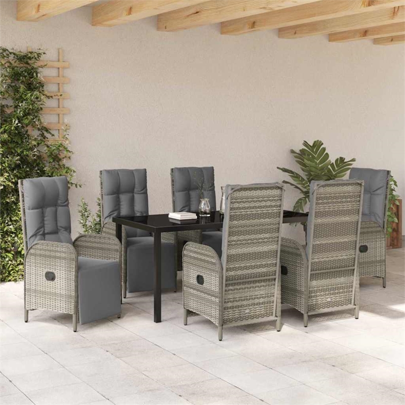 vidaXL 7 Piece Poly Rattan Garden Dining Set with Cushions in Grey