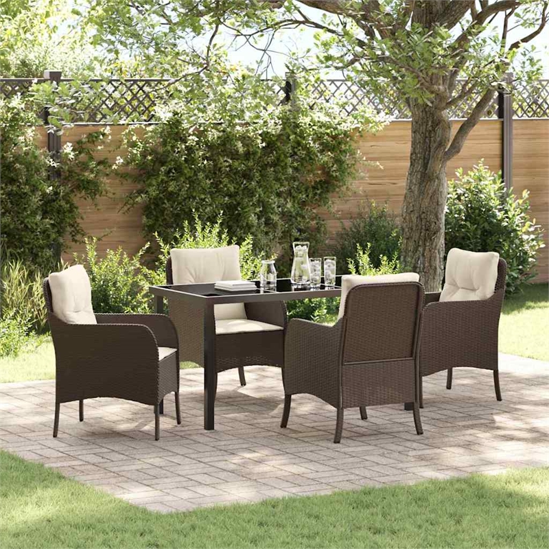vidaXL 5 Piece Poly Rattan Garden Dining Set with Cushions in Brown