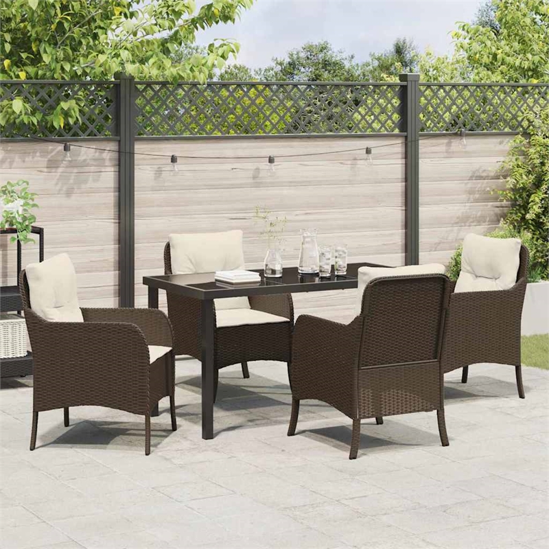vidaXL 5 Piece Poly Rattan Garden Dining Set with Cushions in Brown
