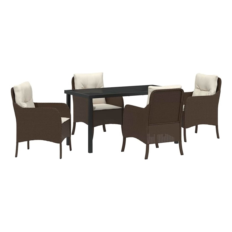 vidaXL 5 Piece Poly Rattan Garden Dining Set with Cushions in Brown
