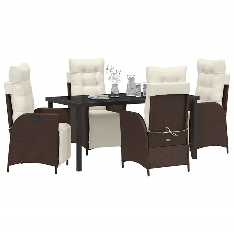 vidaXL 5 Piece Poly Rattan Garden Dining Set with Cushions in Brown