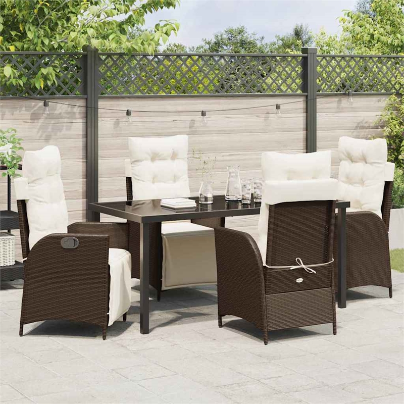 vidaXL 5 Piece Poly Rattan Garden Dining Set with Cushions in Brown