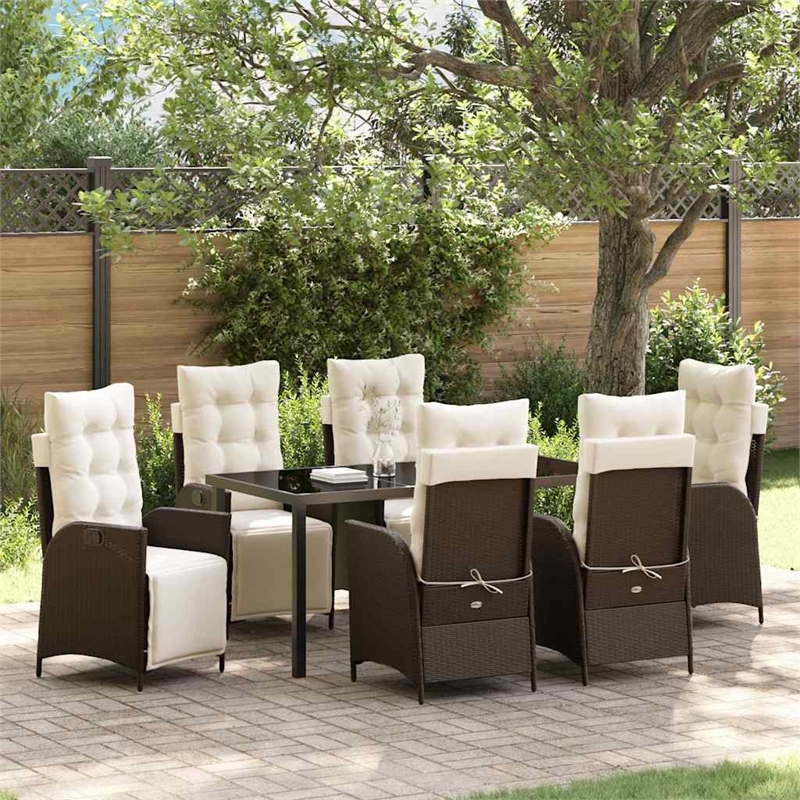 vidaXL 7 Piece Poly Rattan Garden Dining Set with Cushions in Brown