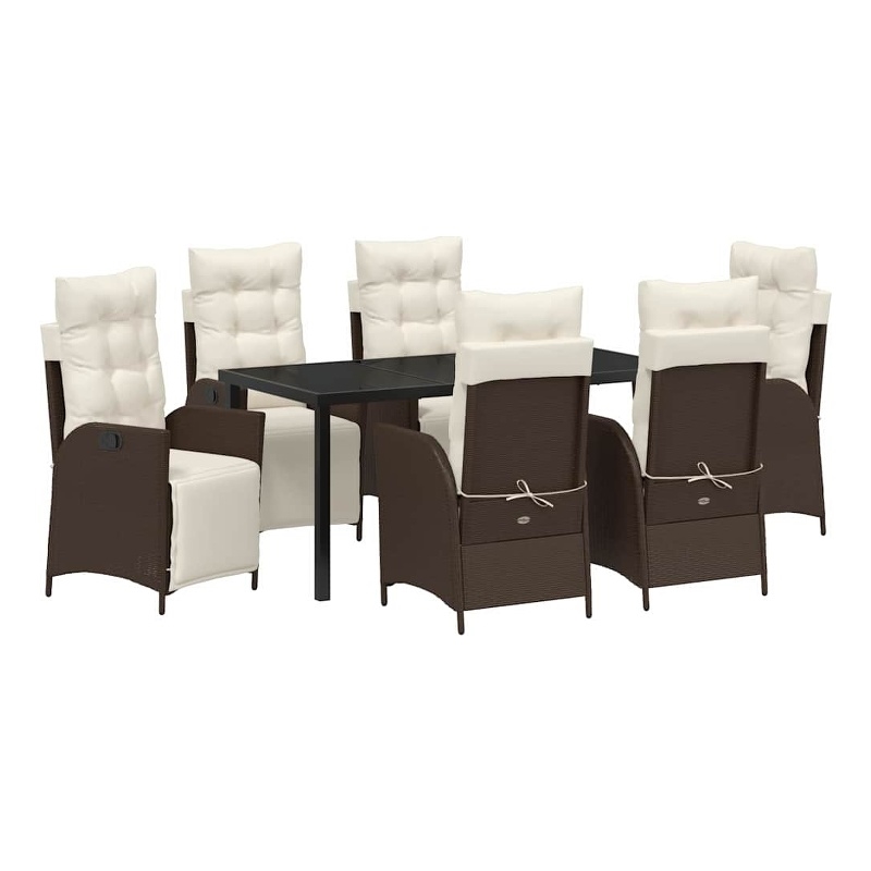 vidaXL 7 Piece Poly Rattan Garden Dining Set with Cushions in Brown