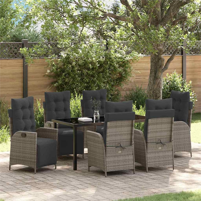 vidaXL 7 Piece Poly Rattan Garden Dining Set with Cushions in Grey