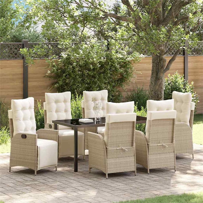 vidaXL 7 Piece Poly Rattan Garden Dining Set with Cushions in Beige