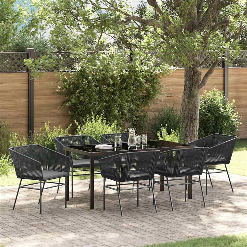 vidaXL 7 Piece Powder-Coated Steel Garden Dining Set with Cushions in Black